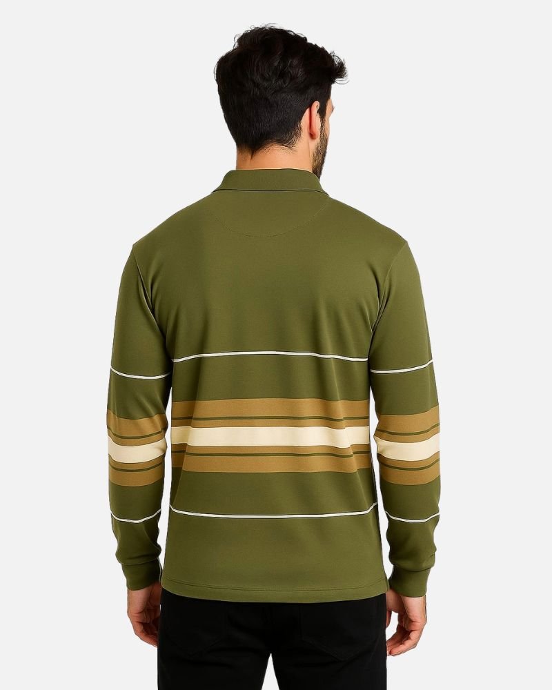 Green Striped polo shirt(Backside View) Olive Green Striped polo shirt(Backside View)
